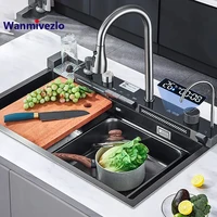 304 Stainless Steel Waterfall Kitchen Sink Large Single Slot Integrated Digital Display Faucet Set Soap Dispenser Cup Washer 1
