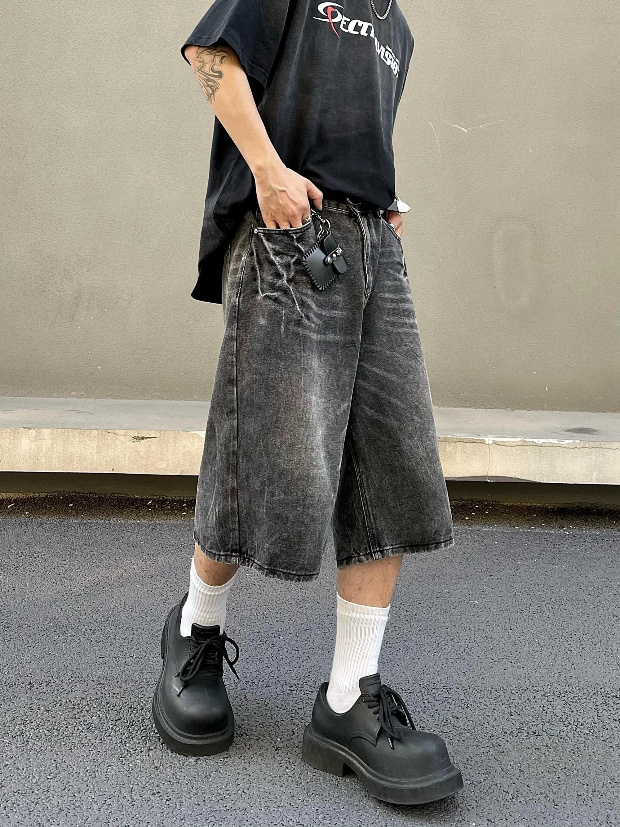Lightning Patterned Jorts Loose Cropped Denim Shorts for Men Women's Y2k Distressed Calf-length Pants 4