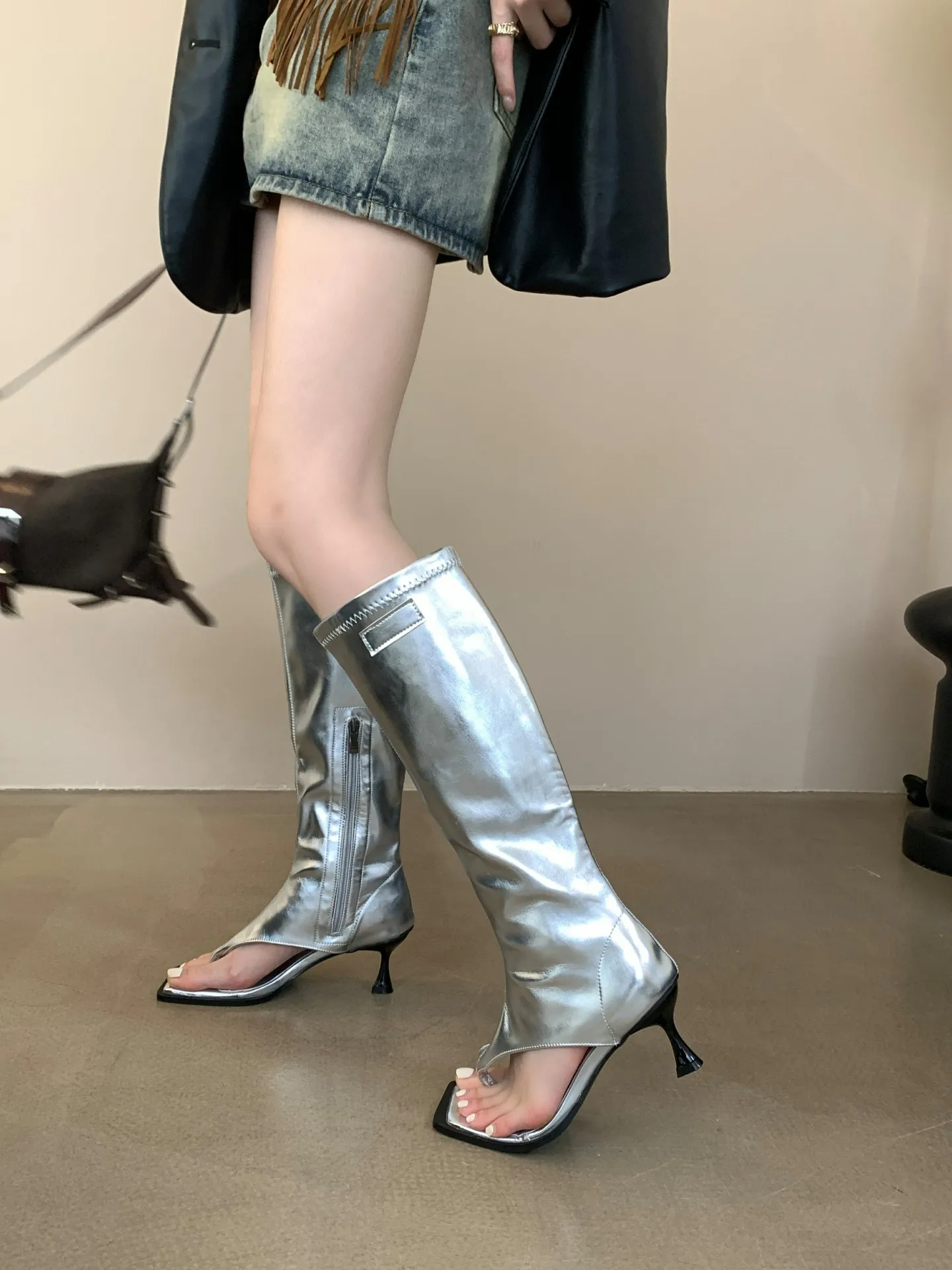Aneikeh 2025 Sexy PU Square Head Clip Toe Sandals Boots Women's Thin Heel Side Zipper Sewing Chelsea Knee High Boots Party Ball