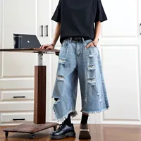 Summer American Retro Washed Asymmetric Hole Denim Shorts Loose Wide Leg Tassel Mid-Length Pants for Men And Women