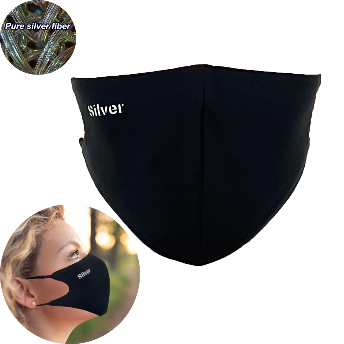 Masque en fibre d'argent antibactérien et anti-radiation - Protection santé réutilisable, porté par une personne, de profil