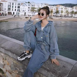 Solid Jumpsuits for Women Long Sleeves Hooded Loose Harajuku Straight Pants Casual Denim Workwear Korean Style Vintage Playsuits