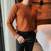 

Spring and Autumn Men's Slim Double Cashmere Plain European and American Simple Round Collar Bottom Men's Long Sleeve T -shirt