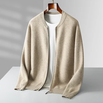 Autunno inverno 100% lana Merino maglione addensato da uomo lavorato a maglia colletto alla coreana Cardigan Casual Business cappotto a maniche lunghe giacca 1