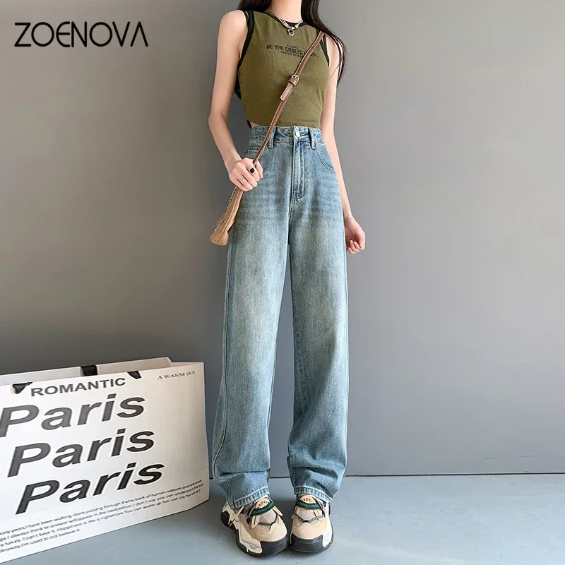 ZOENOVA 여성용 하이웨이스트 청바지, 루즈한 와이드 레그, 스몰 슬림 하이 스트리트 갸루 스트레이트 팬츠, 한국 패션, 용수철 가을