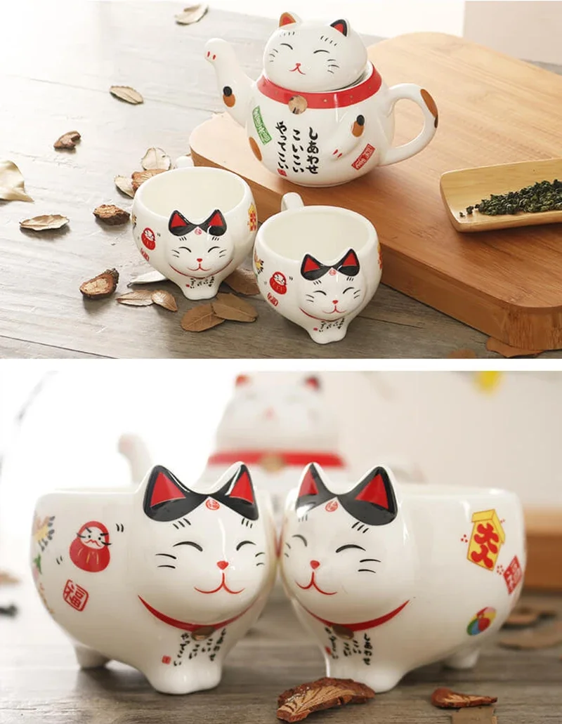 Creative Cute Lucky Cat Porcelain Tea Set Cartoon Ceramic Tea Cup Pot with Strainer Lovely Plutus Cat Teapot Mug Teaware