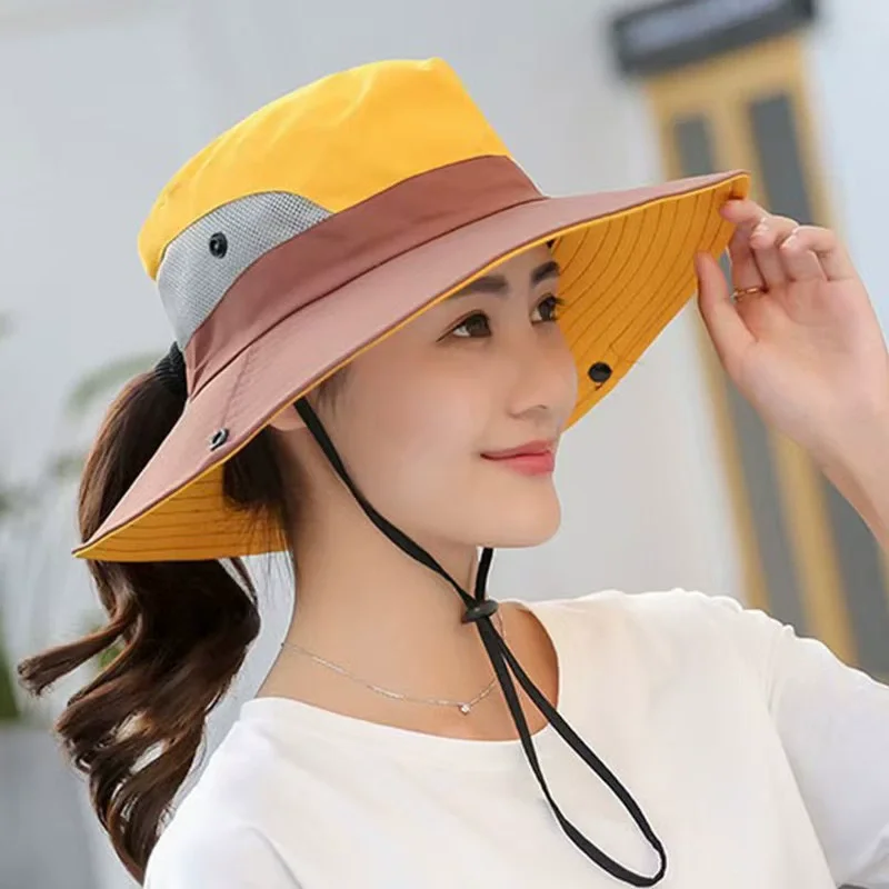 Women's Outdoor Large Brim Ponytail Fishing Hat with Quick Drying and Sun Protection Perfect for Beach Traveling and Cycling