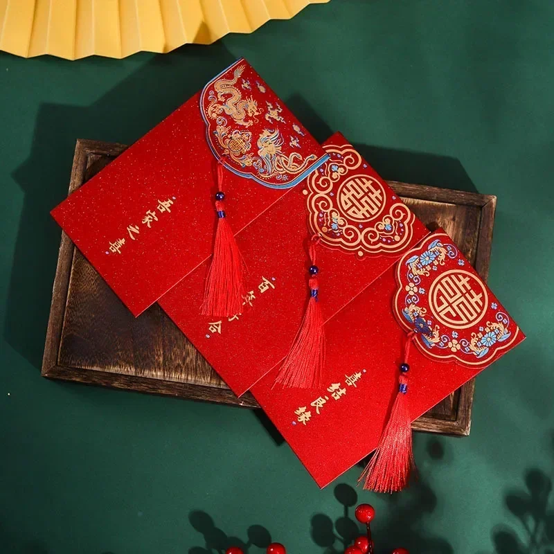 5pcs Red Wedding Mini Envelopes with Tassel Chinese Lucky Money Cash Bag Paper Envelopes Blessing Pocket Hongbao Gifts Packaging