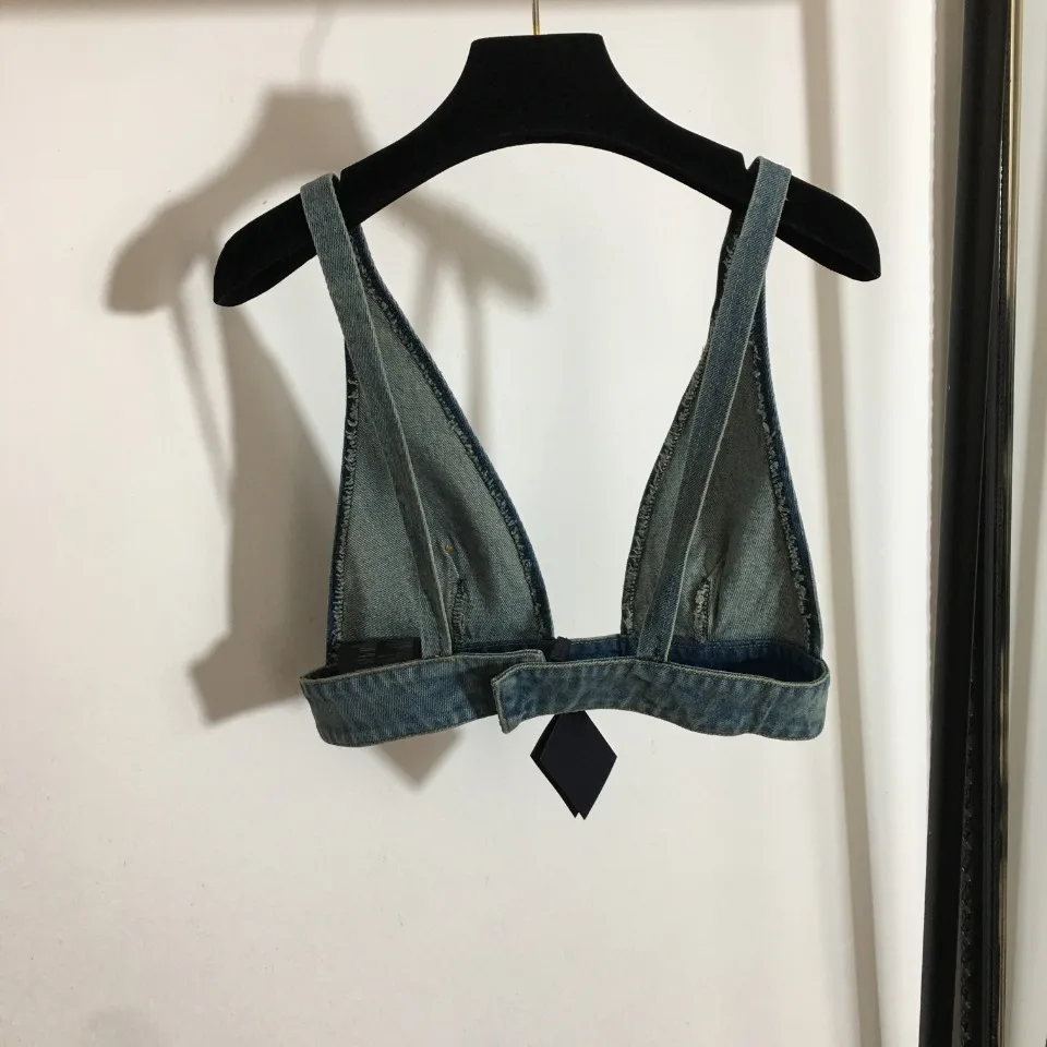 

2023 New Metal Triangle Decoration Versatile Deep V Denim Strap Bra