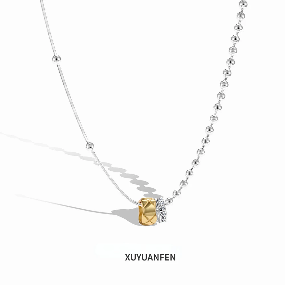 

XUYUANFENINS Style New S925 Sterling Silver Necklace Women's Double Loop Diamond Grid Design Irregular Women's Round Bead Chain