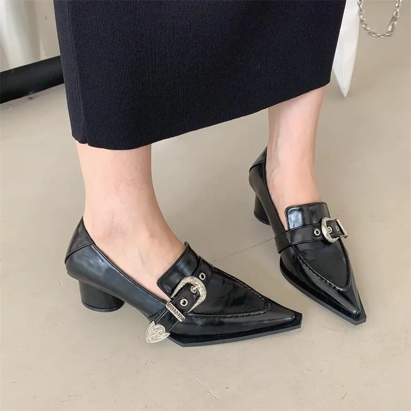 

Туфли-лодочки женские с пряжкой и круглым каблуком средней высоты