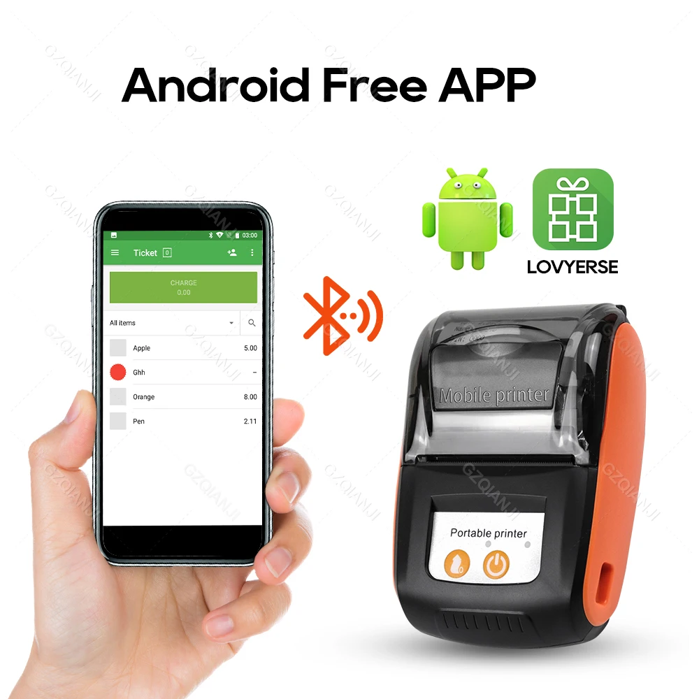 58mm Mini Receipt Bill Printer Thermal Printing Wireless Mobile Bluetooth Maker Compatible with Android/iOS/Windows System