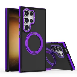 Magnetic Matte Phone Case with Magsafe Ring Stand Holder and Contrast Color Frosted Finish - S26 Ultra (Dark Purple)