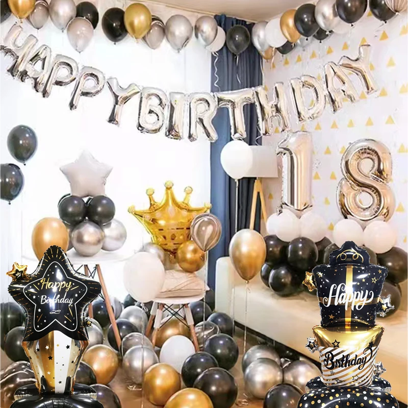 생일 축하 호일 풍선, 골드 블랙 스탠딩 풍선 선물 상자 모양 풍선, 생일 파티 장식 용품, 1 개