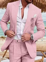 Classic Men's Linen Set 2-Piece  Jacket and Pants Slim Fit Suit Summer Beach Wedding One Button Tuxedo Linen Suit 1