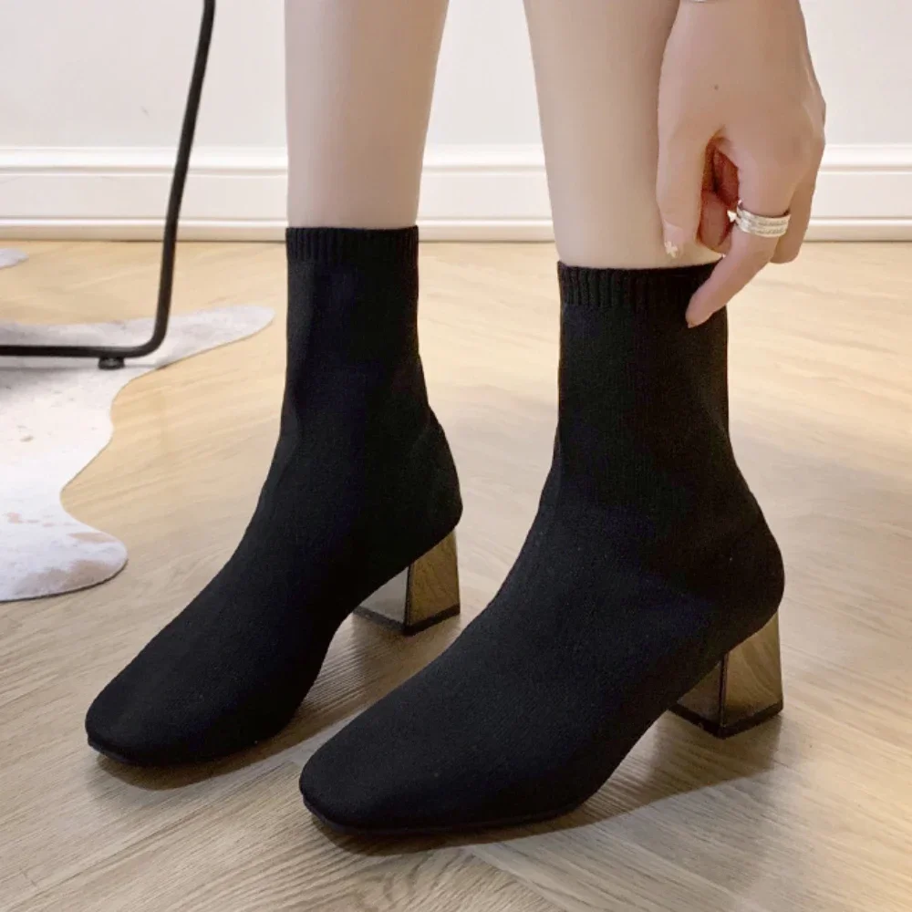 

Women Boots Stretch Cloth Woman Mid Heeled Short Ankle Boots Female Knitted Block Low Heel High Socks Boots for Women Shoes