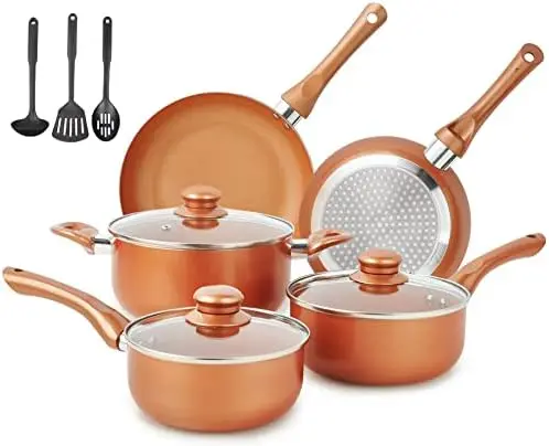 

MELENTA Pots and Pans Set Ultra Nonstick, Pre-Installed 11pcs Cookware Set Copper with Ceramic Coating, Stay cool handle & N Pla