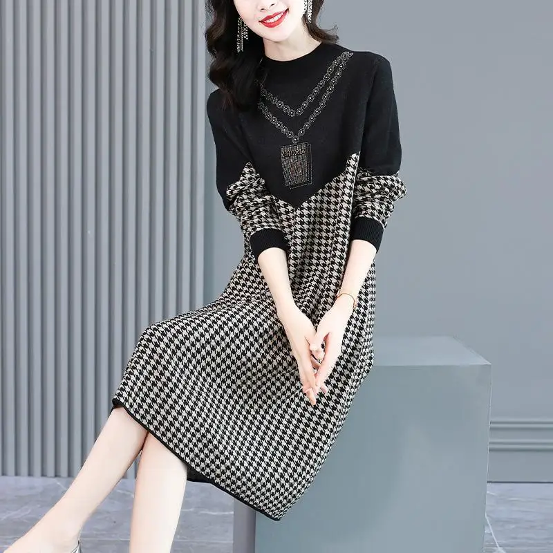 

Fall Winter Fashion Elegant Chic Houndstooth Diamonds Party Knitted Sweater Dresses for Women Long Sleeve Slim Basic Midi Dress