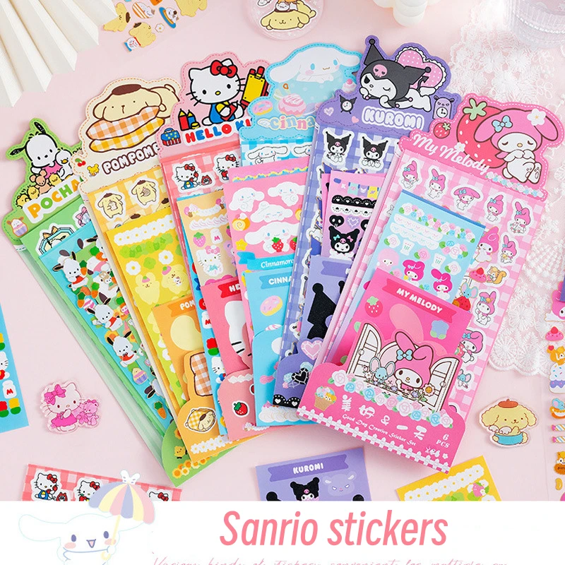 Kawaii Hello Kitty Paper Sticker Set Cartoon Anime Sanrio DIY Handbook Goo Card Kuromi Pochacco PVC Deco Material Stickers Gifts 24pcs box kawaii sanrio hello kitty playing card poker cinnamoroll game deck anime poker cards collection card game gift toys