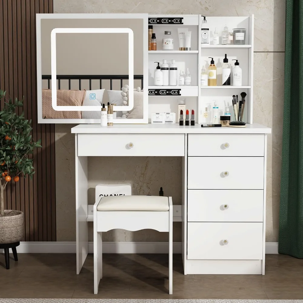 

Large Vanity Table Set Makeup Vanity Dressing Table with Mirror, 5 Drawers & Shelves, Dresser Desk and Cushioned Stool