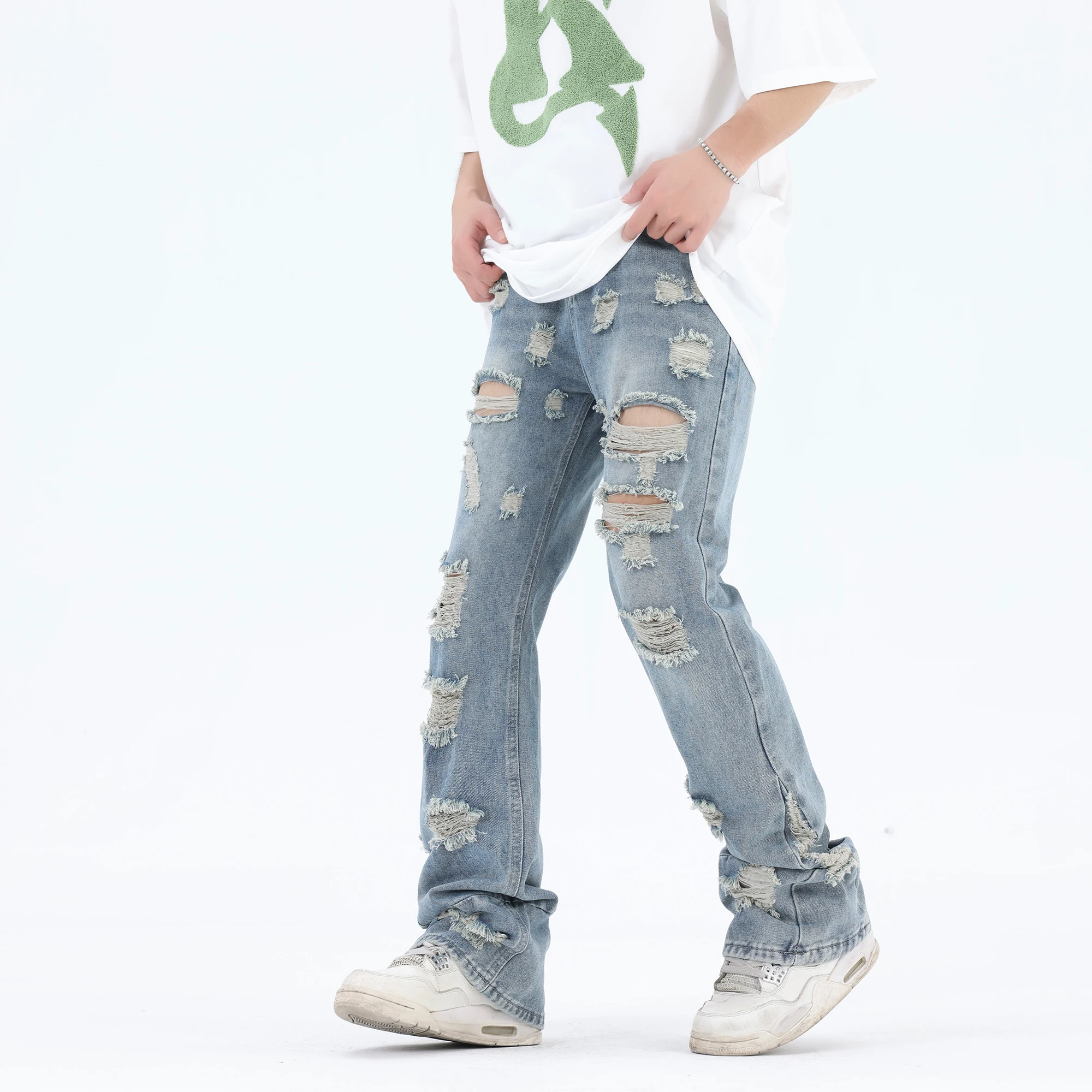 

Hip Hop Distressed Skinny Horn Jean for Mens Washed Slim Fit Ripped Jeans Street Wear Blue Flare Biker Jean Pant for Women