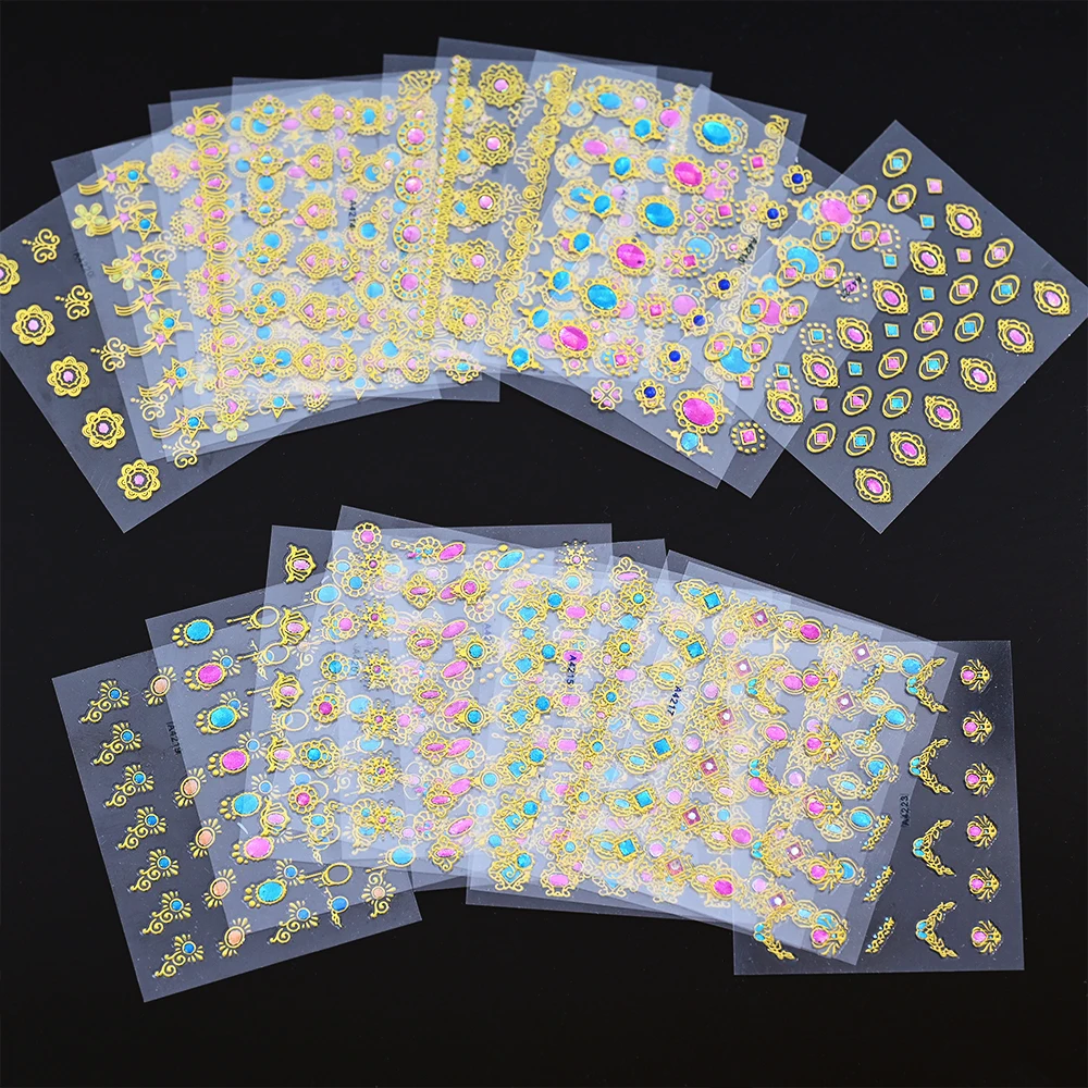 

3D Bronzing Gold Nail Art Sticker Set Mix Design Moon Star Flower Laser Diamond Nail Decal Self-Adhesive Manicure Slider