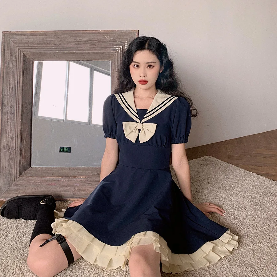 Harajuku Kawaii Lolita Sailor Dress With Bow Tie - Cute Japanese Style Mini Dress - View #4
