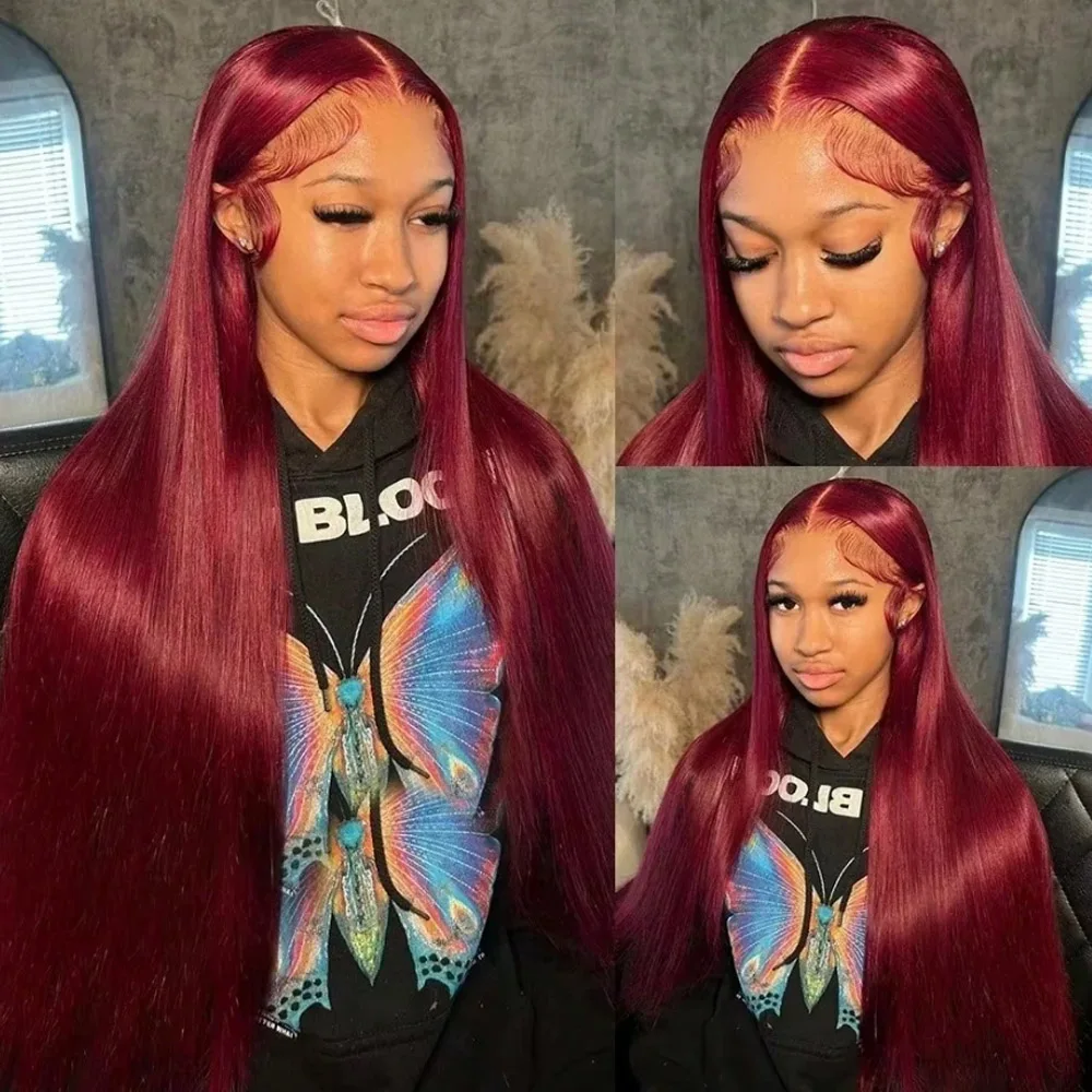 99J Straight Burgundy 13X4 Transparent Lace Frontal Wigs for Black Women Pre Plucked Lace Front Human Hair Wigs 200% Density