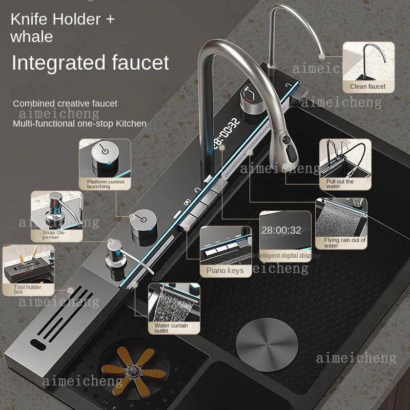 Stainless Steel Waterfall Kitchen Sink Digital Display Large Single Slot Multifunctional Dishwashing Sinks Embossed Washbasin