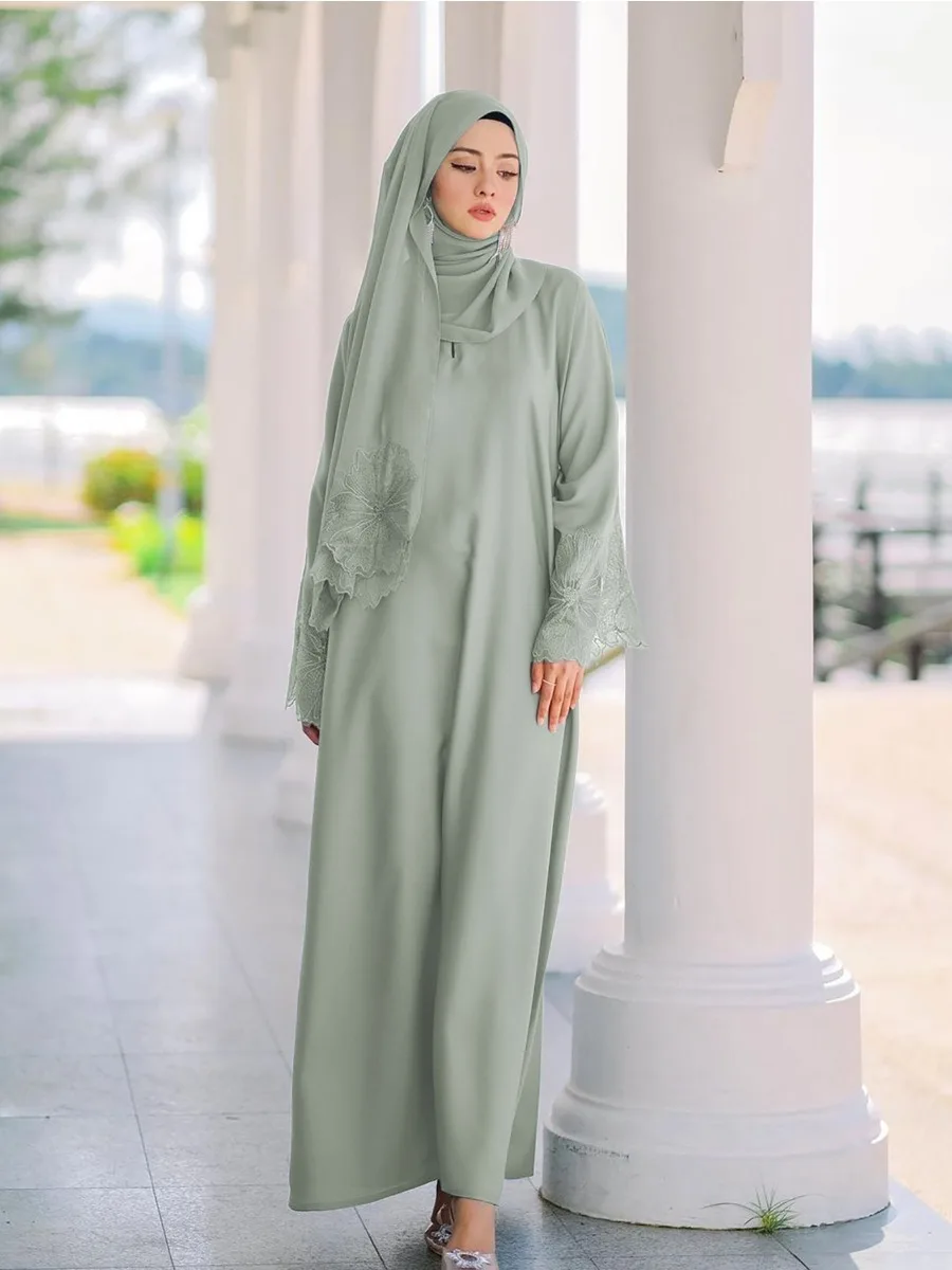

Ramadan Women Eid Muslim Abaya Party Dress with Scarf Lace Arab Dubai Long Robe Gorgeous Kaftan Islam Abayas Morocco 2024 Spring