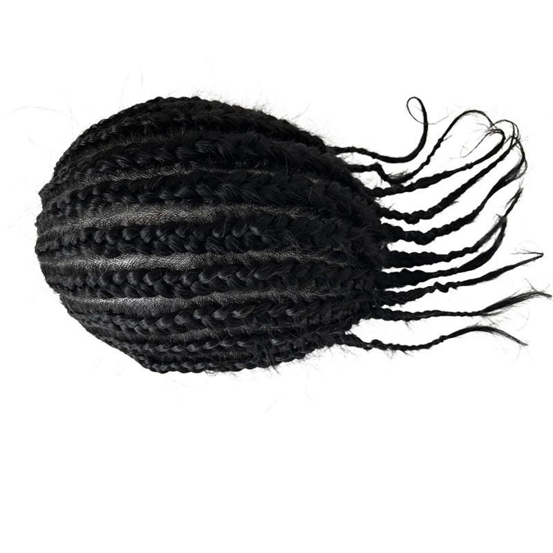 Vietnamese Virgin Human Hair Systems 1# Jet Black Cornrow Braids 8x10 Full PU Toupee Skin Unit for Black Men