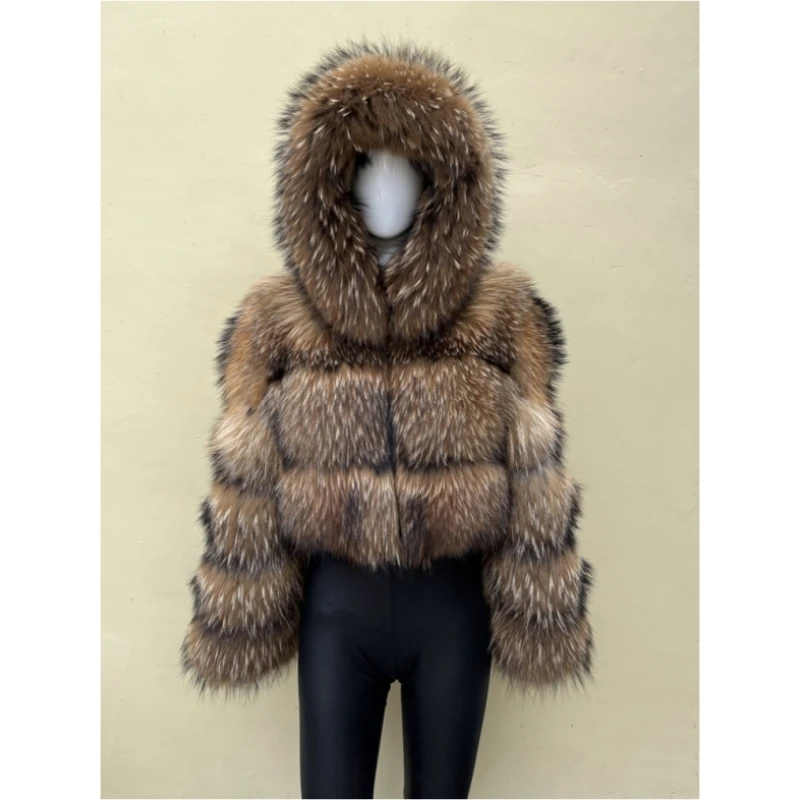 BEIZIRU Women's Short Real Raccoon Fur Coat Winter Long Sleeve