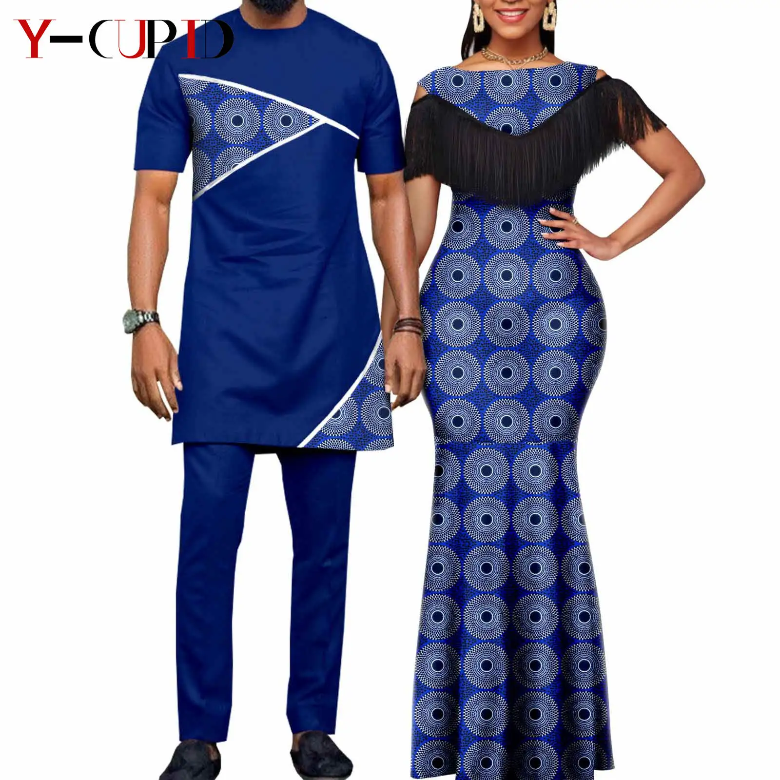 African Dresses for Women Matching Couple Outfits Bazin Riche Dashiki Slim Tassel Print Long Dresses for Party Vestidos Y23C009