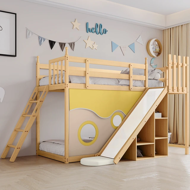 Letto a castello con scale e ringhiera, con tenda da letto, scivolo e  ripiano, letto per bambini con protezione anticaduta e ringhiera,  (90x200cm) - AliExpress