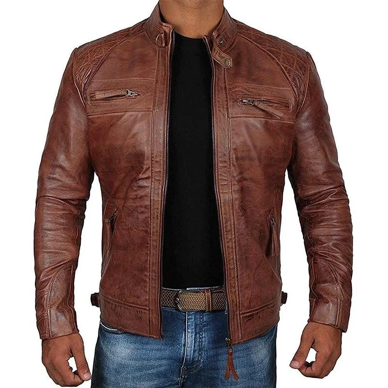2024 New Men's Retro Leather Jacket Jacket Men Stand-up Collar Punk Handsome Motorcycle Leather Jacket Rock Jacket