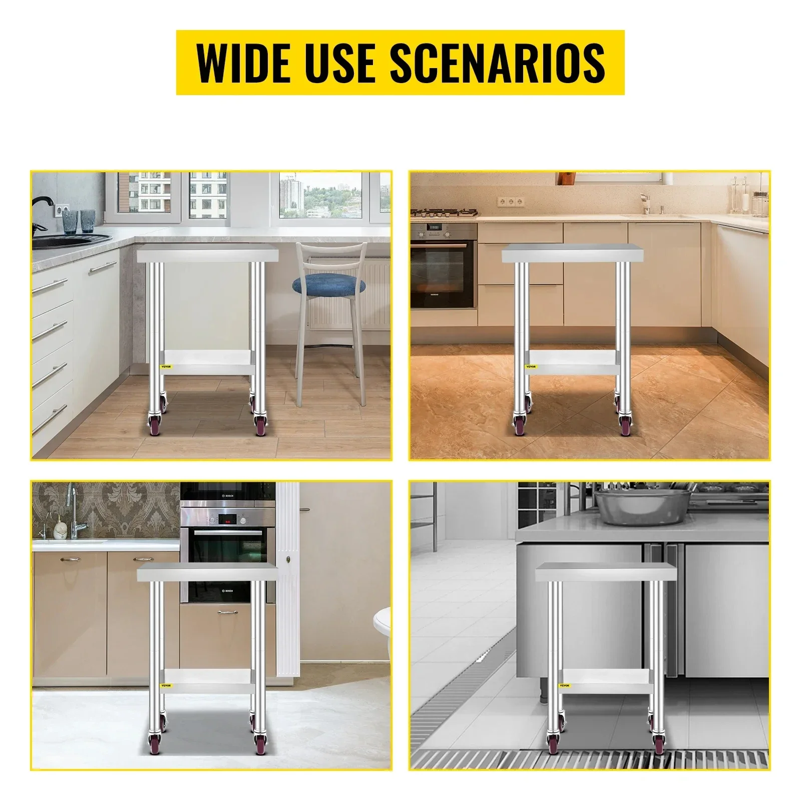 VEVOR Stainless Steel Kitchen Worktable 700lbs with 4Caster Wheels Shelves Commercial Work Bench Table for Restaurant Storage