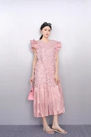 2025 Summer Fashion Elegant Loose Mesh Ruffle Edge Long Dresses Women Short Sleeve Dress Ladies J1102