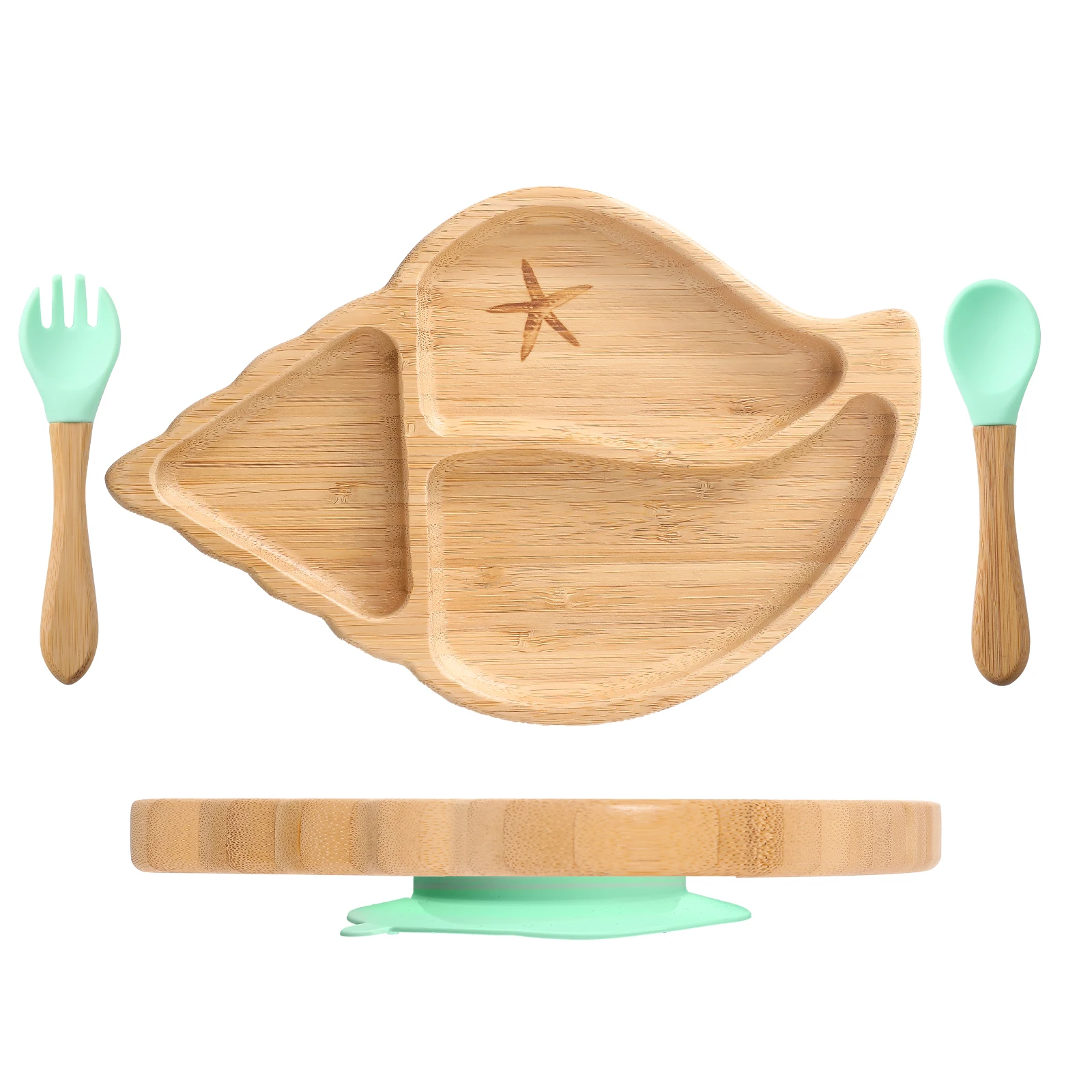

Baby Bamboo Feeding Bowl Spoon Fork Conch Pattern Food Tableware Kids Wooden Training Plate Silicone Suction Cup Removable