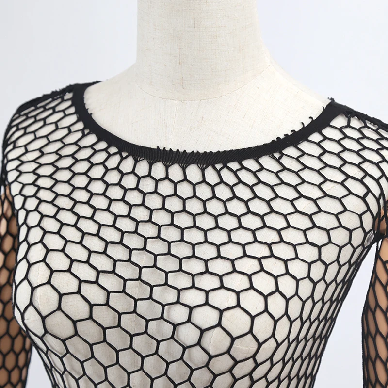 Womens Sexy Mesh Long Sleeve Fishnets Tops Fun Slim Fit Tops Hollow Out See Through Loose Female T-shirts Crop Soft Streetwear