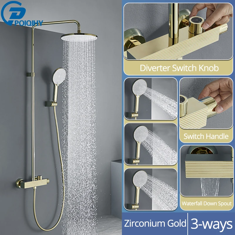 LEDサーモスタットレインフォールシャワー、ブラックレインミキサーシャワーコンボセット壁に取り付けられたシャワー蛇口セットシャワーヘ バスミキサータップシャワーミキサーセットローズゴールドラウンドレインフォールシャワーヘッドシステムハンドヘルドコンボセット付き壁掛け  シャワー蛇口コンボセット, サーモスタットシャワーシステムゴールド、ハンドシャワー付きレインフォールシャワーヘッドセット ...
