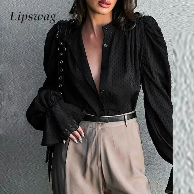 

French Jacquard Bubble Sleeve Shirt Fashion Stand Collar Solid Color All-match Tops Autumn Lady Single-breasted Cardigan Blouse