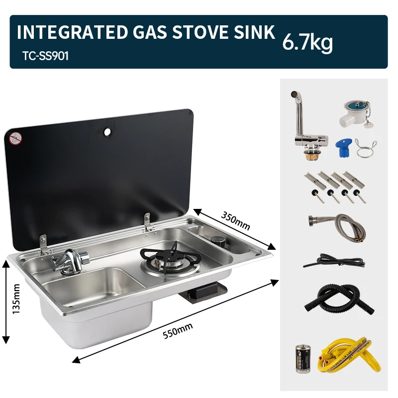 energy saving tempered glass gas hob stainless steel gas stove 4 burner top level gas stove cooker RV Stainless Steel Stove Sink And Induction Cooker Combination Unit With Tempered Glass Lid For Caravan Motorhome Yacht