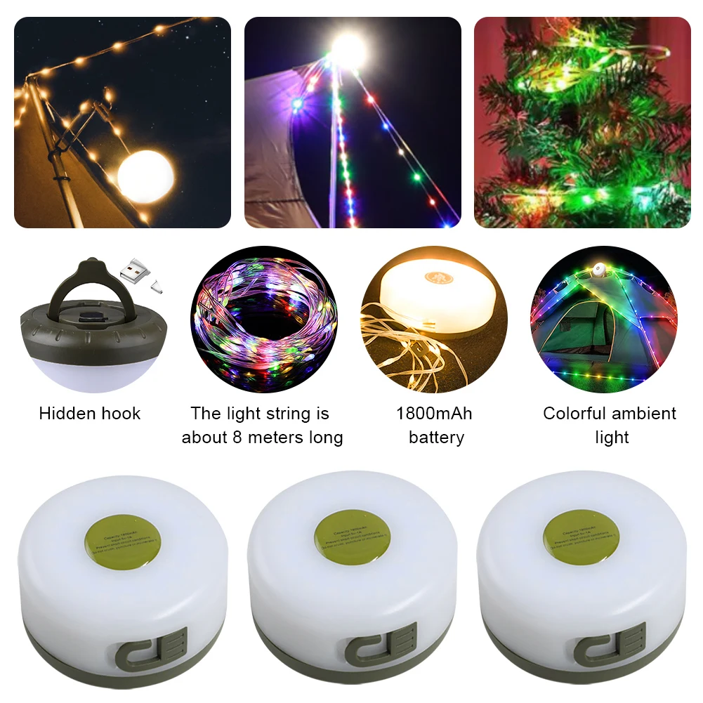 

Camping String Lights USB Rechargeable 2000mAh Camping Lantern with String IP44 Waterproof Portable LED Tent Light 8M/10M Length
