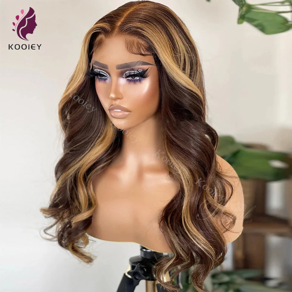 

Honey Blonde Brown Highligh 5x5 Silk Top Human Hair Wig Brazilian Body Wave Ombre 13x4 Lace Front Human Hair HD Transparent Wigs