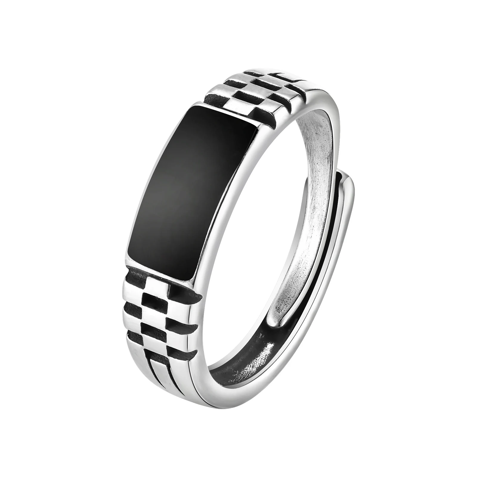 Schwarzer rechteckiger Ring für Männer und Jungen, klassischer quadratischer Ring, Metallring, Schachbrettring, lässige Geschenke für Ihn