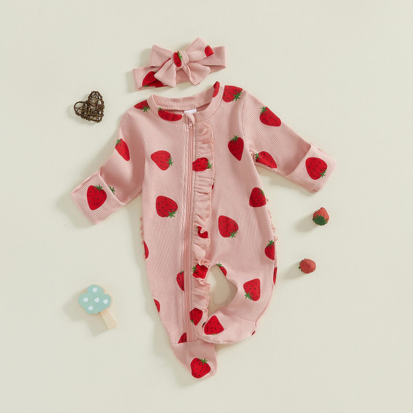 FOCUSNORM 0-6M Newborn Baby Girls Boys Ruffles Footies Romper Strawberry Print Long Sleeve Zipper Jumpsuits and Cute Headband