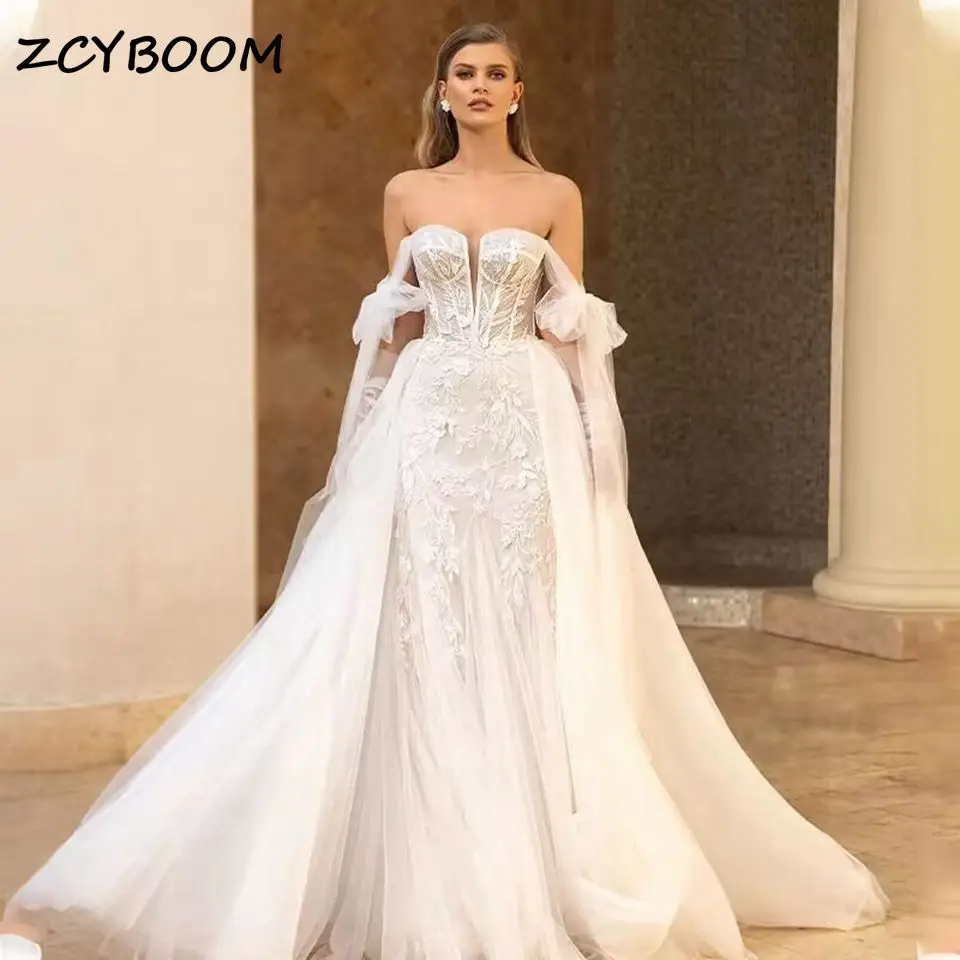 

Charming Tulle Appliques A Line Wedding Dress 2024 Beach Sweetheart Sheer Bow Straps Detachable Court Train Illusion Bride Gowns