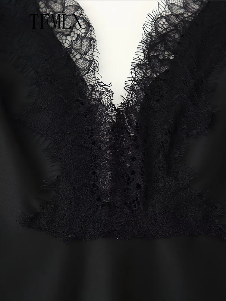 Elegant Asymmetry Patchwork Lace Dress For Women Sexy Sleeveless Slim Chic Causal Underwear 2025 Fashion V-neck Date Night Dress