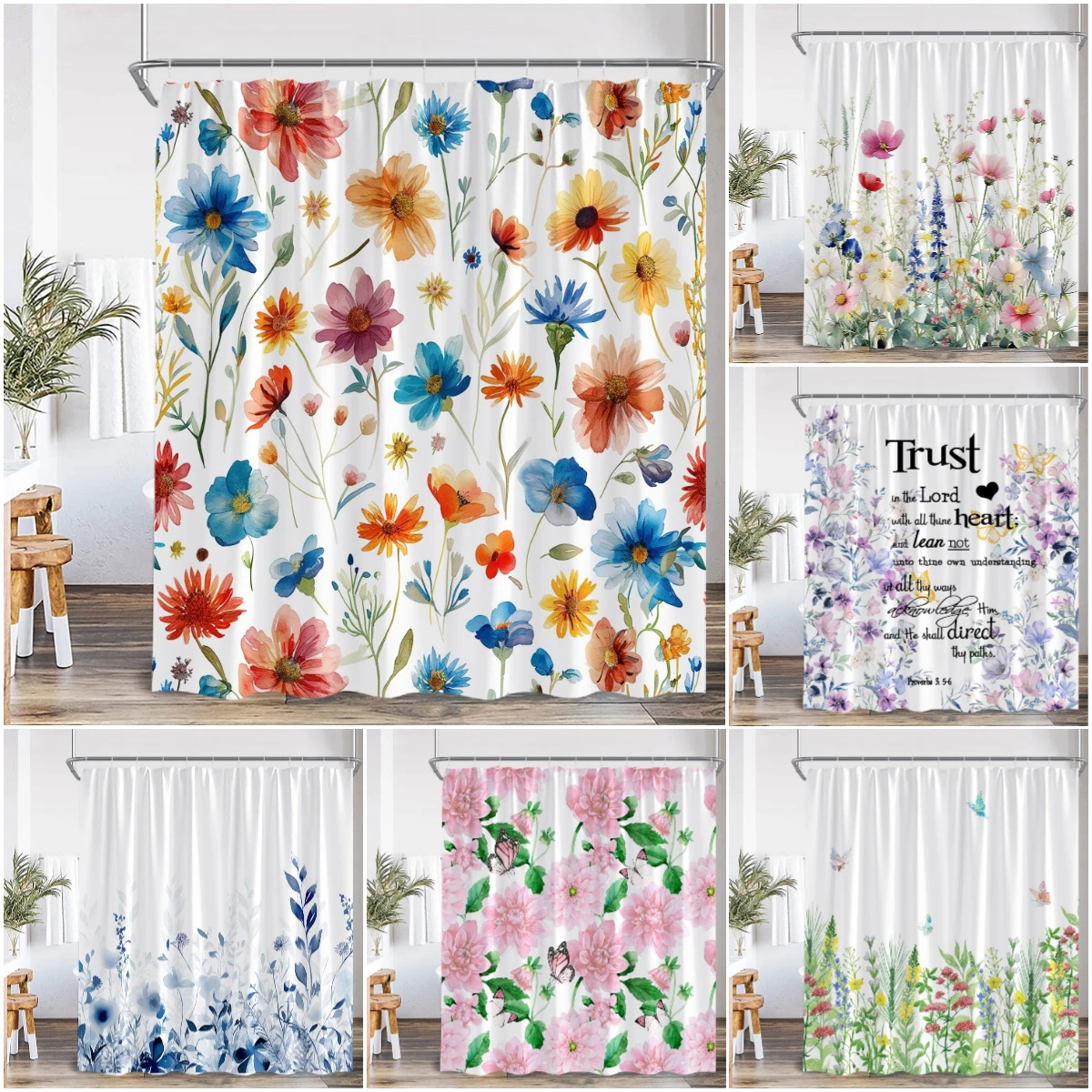 

Floral Print Shower Curtains Watercolor Wildflowers Green Leaves Birds Butterfly Bathroom Decorations Polyester Bath Curtains