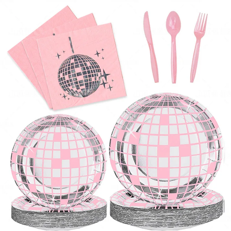 Pink Disco Ball Theme Disposable Tableware Pink Silver Disco Plates Cups Napkins Adults Women Happy Birthday Party Decor